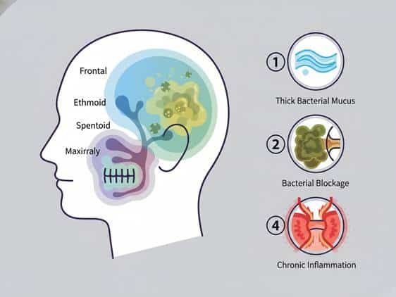 Anatomy diagram of four Sinusitis (Sinus) infection stages from acute viral to chronic inflammation.