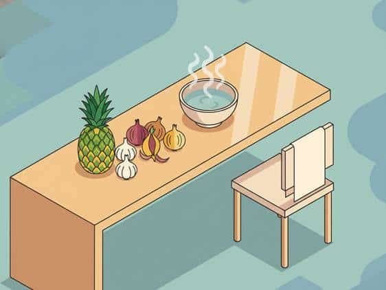 Anti-inflammatory superfoods and steam inhalation setup for sinus recovery.