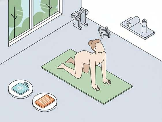 Flat vector illustration of a person performing back stretches and thermal therapy for sciatica relief.