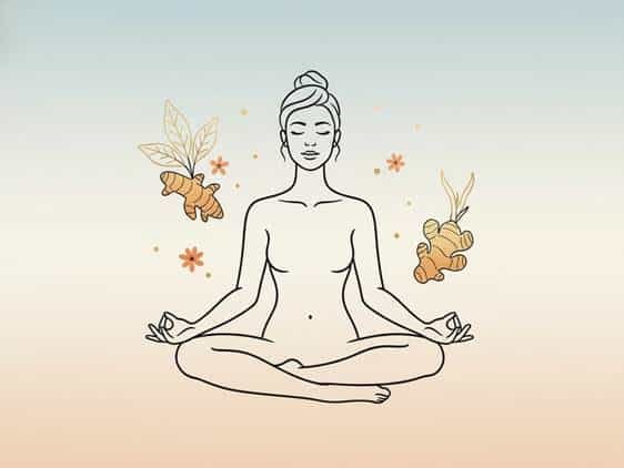 Illustration of a person practicing controlled breathing with Ayurvedic herbs like ginger and turmeric.