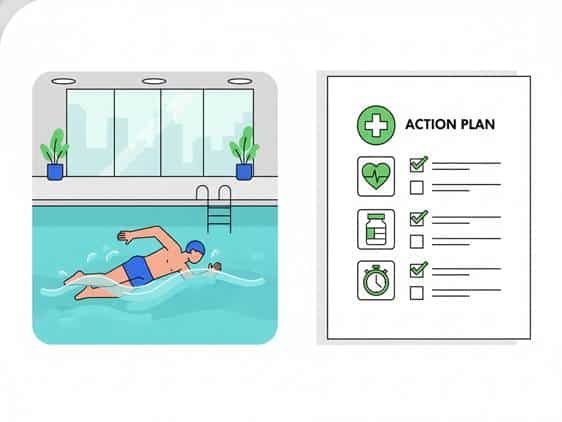 Split illustration showing safe exercise for asthmatics and a medical action plan checklist.