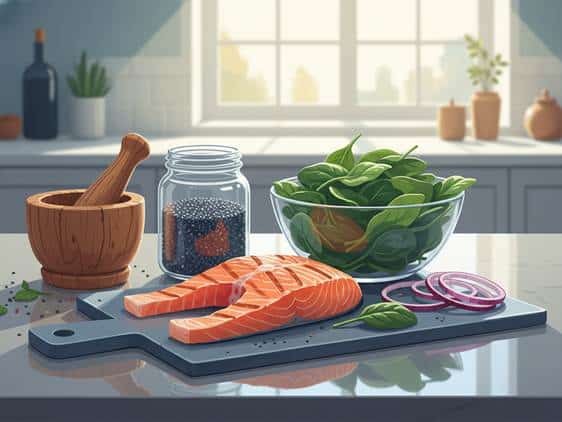 Nutritional flat lay of anti-inflammatory foods like salmon and spinach for respiratory health.