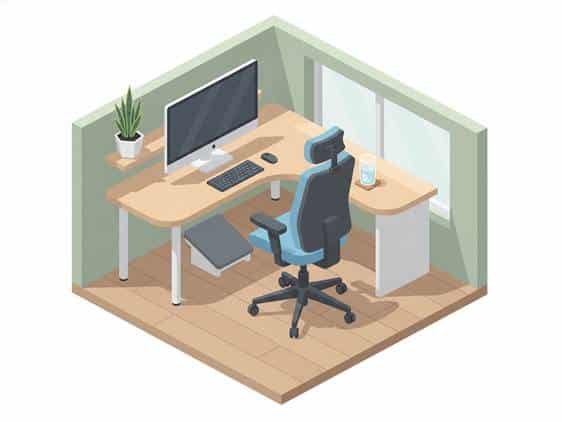 Isometric vector of an ergonomic home office setup designed to prevent chronic back pain and improve posture.