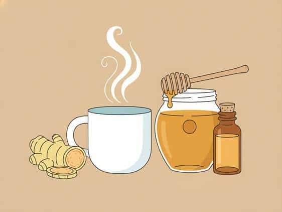 Minimalist vector of ginger tea, honey, and essential oils for natural bronchitis relief and cough suppression
