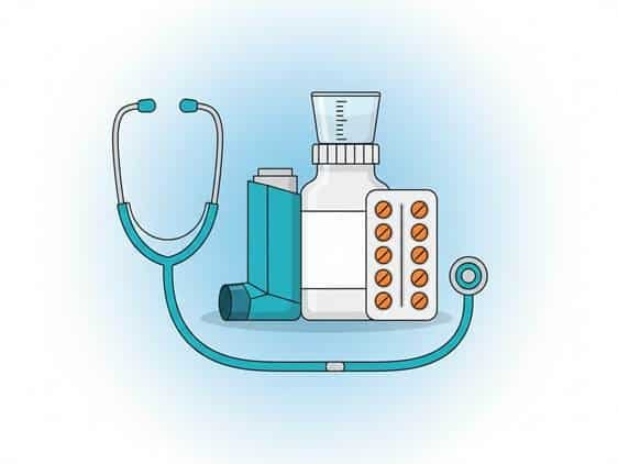 Flat vector of medical supplies including an inhaler and medicine bottle for treating bronchitis symptoms.