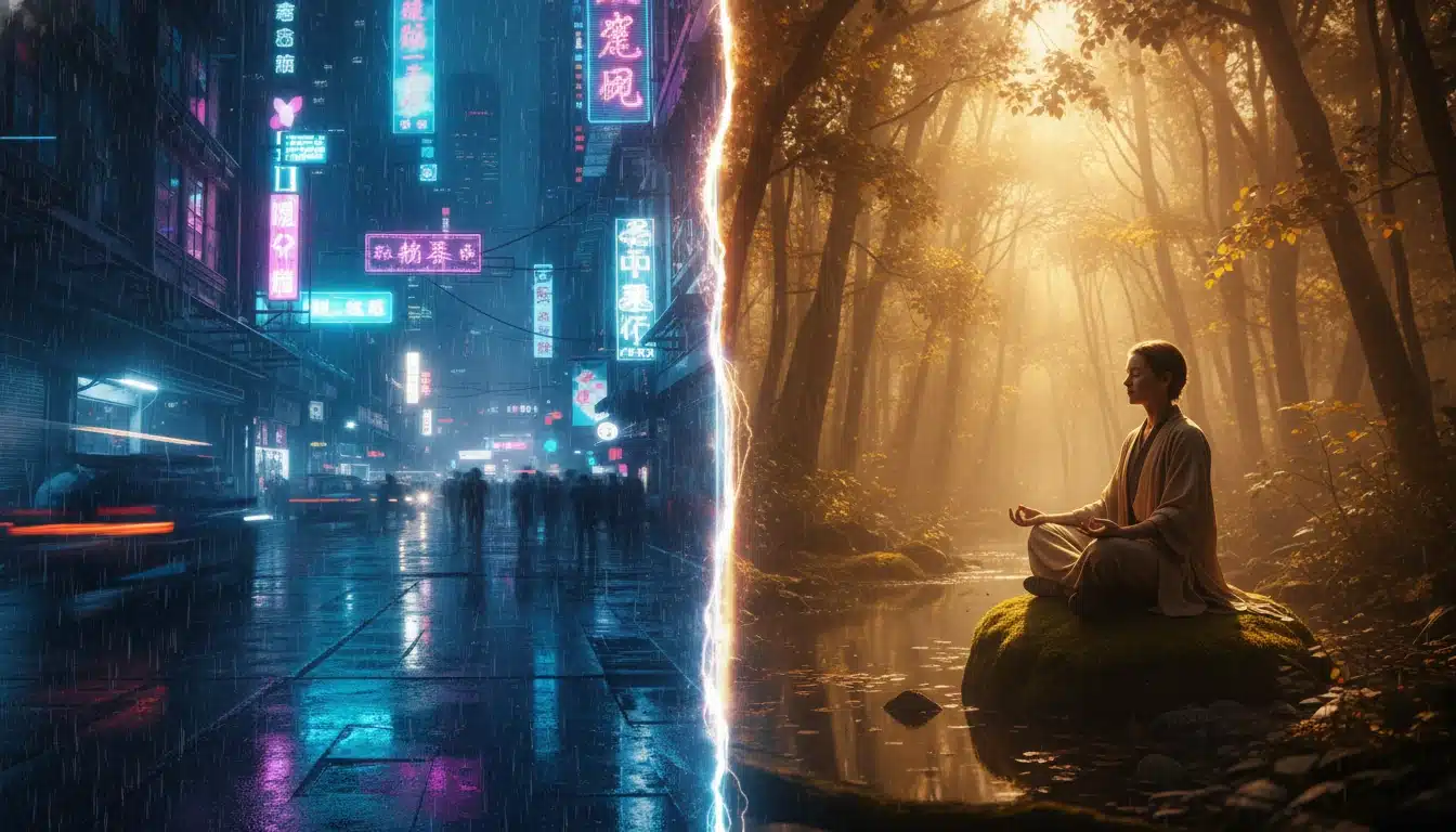 Comparison of chaotic city life and peaceful meditation to illustrate how to manage Stress effectively.